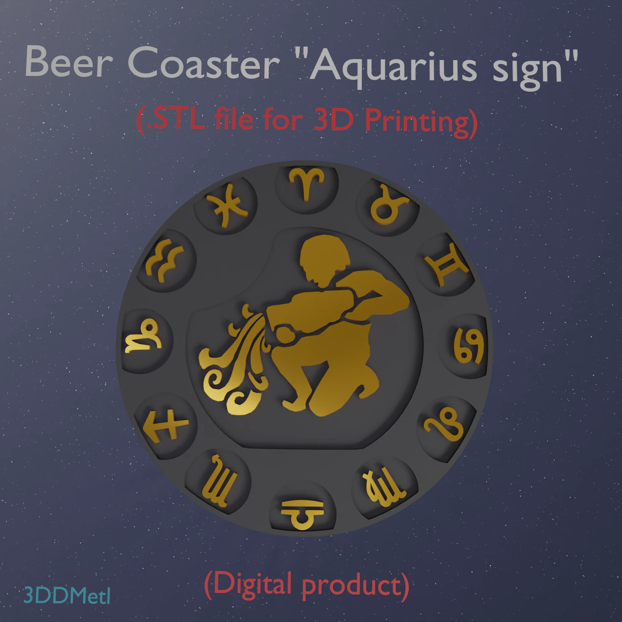 Beer Coaster AQUARIUS STL file for 3d printing 3D Print Model .c4d .max .obj .3ds .fbx .stl .blend 