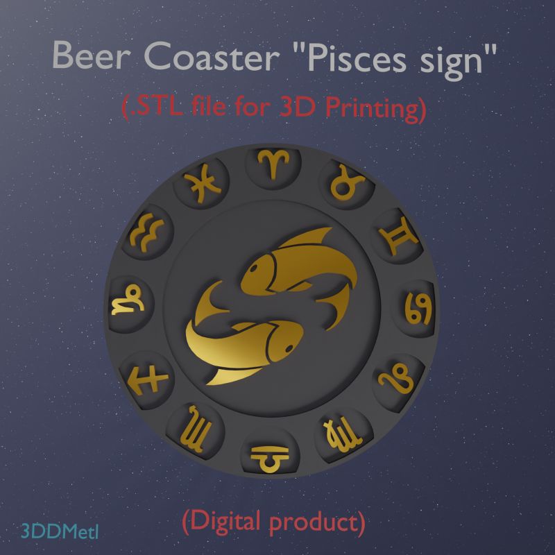Beer Coaster PISCES STL file for 3d printing 3D 프린트 모델 .c4d .max .obj .3ds .fbx .stl .blend 