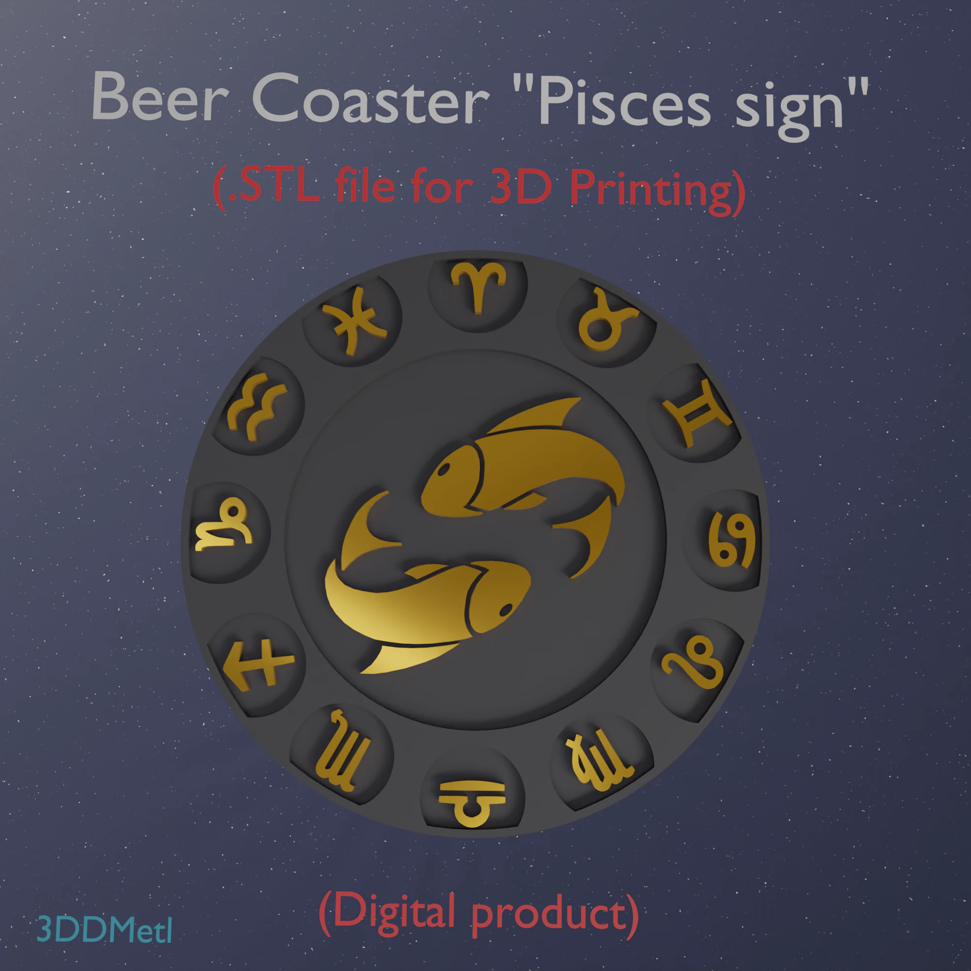 Beer Coaster PISCES STL file for 3d printing 3D Print Model .c4d .max .obj .3ds .fbx .stl .blend 