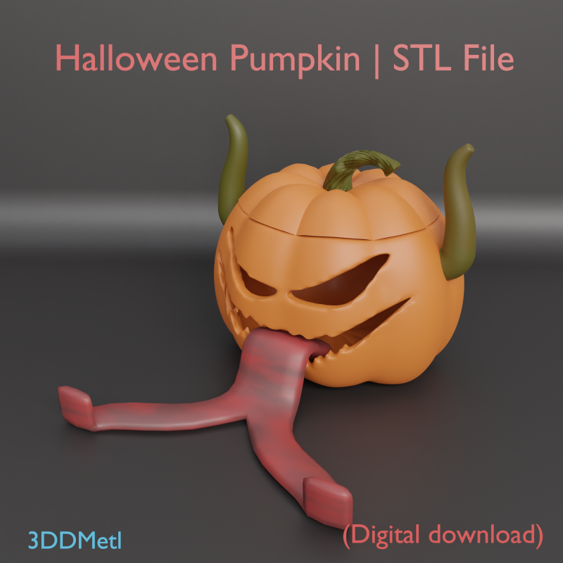 Halloween Pumpkin with Tongue Phone Stand Jack OLantern with Lid STL File for 3D Printing Spo Modelo de impresión 3D .c4d .max .obj .3ds .fbx .stl .blend 
