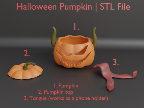 Halloween Pumpkin with Tongue Phone Stand Jack OLantern with Lid STL File for 3D Printing Spo Modelo de impresión 3D