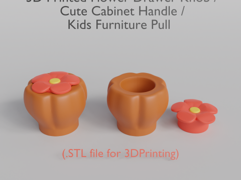 3D Baskılı Çiçek Çekmece Topuzu - Dolap Kulpu - Çocuk Mobilya Çekme 3D Baskı Modeli