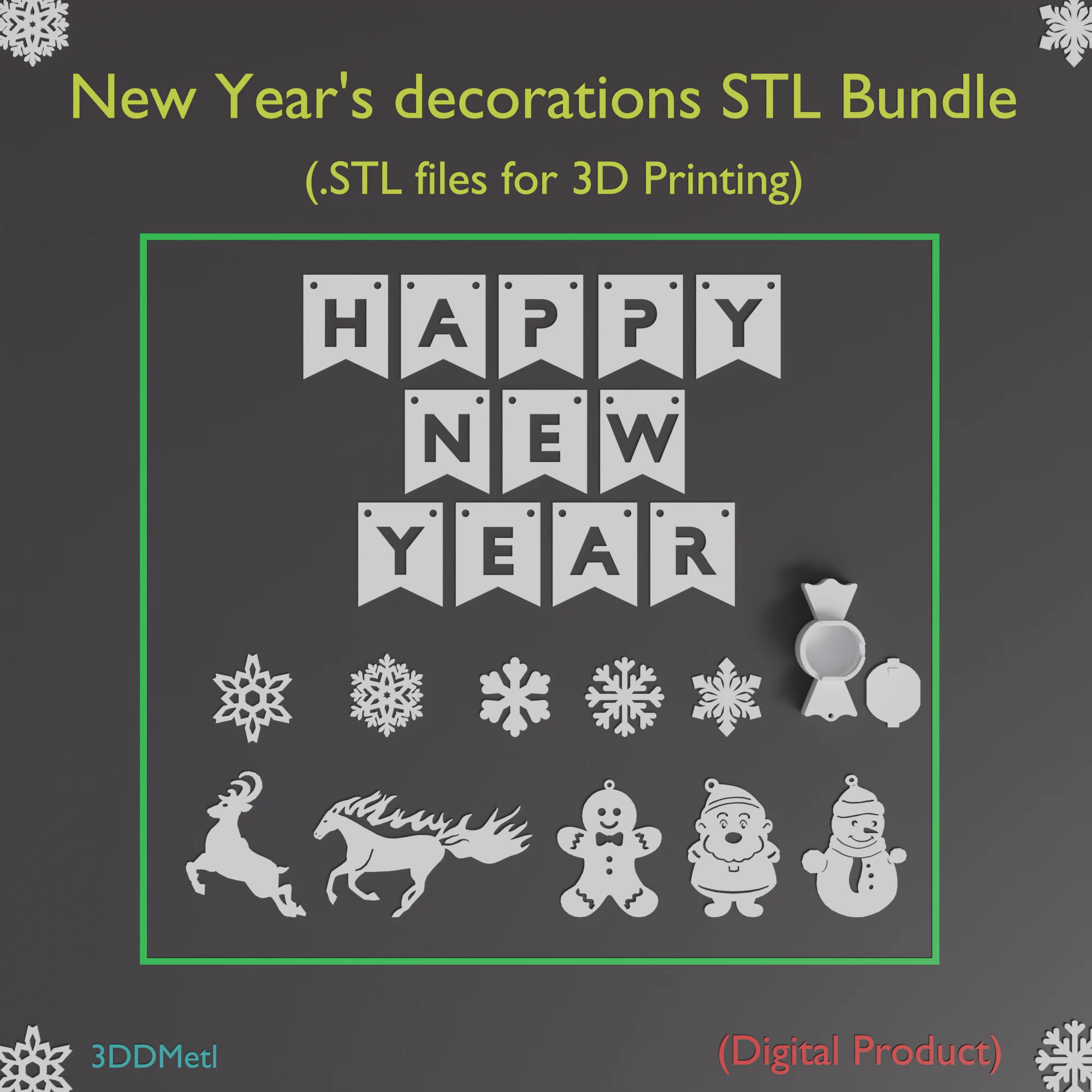 Happy New Year Garland Decorations STL Bundle 3D Print Model .c4d .max .obj .3ds .fbx .stl .blend 