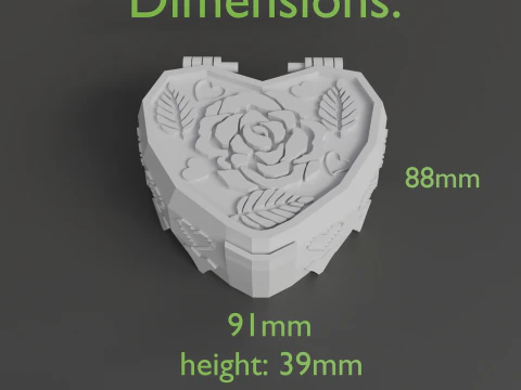 Valentine Rose Heart Jewelry Box Hinged Lid STL 3D Print Model