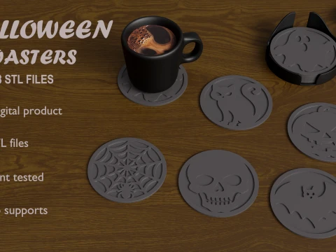 Spooky Halloween Coaster Set 6 Designs 2 Holders STL files for 3D Printing 3D Print Model