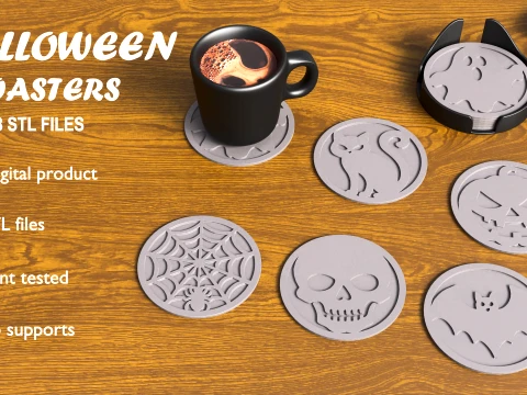 Spooky Halloween Coaster Set 6 Designs 2 Holders STL files for 3D Printing 3D Print Model