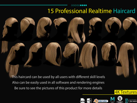 15 профессиональных карточек для волос в реальном времени 3D Модель