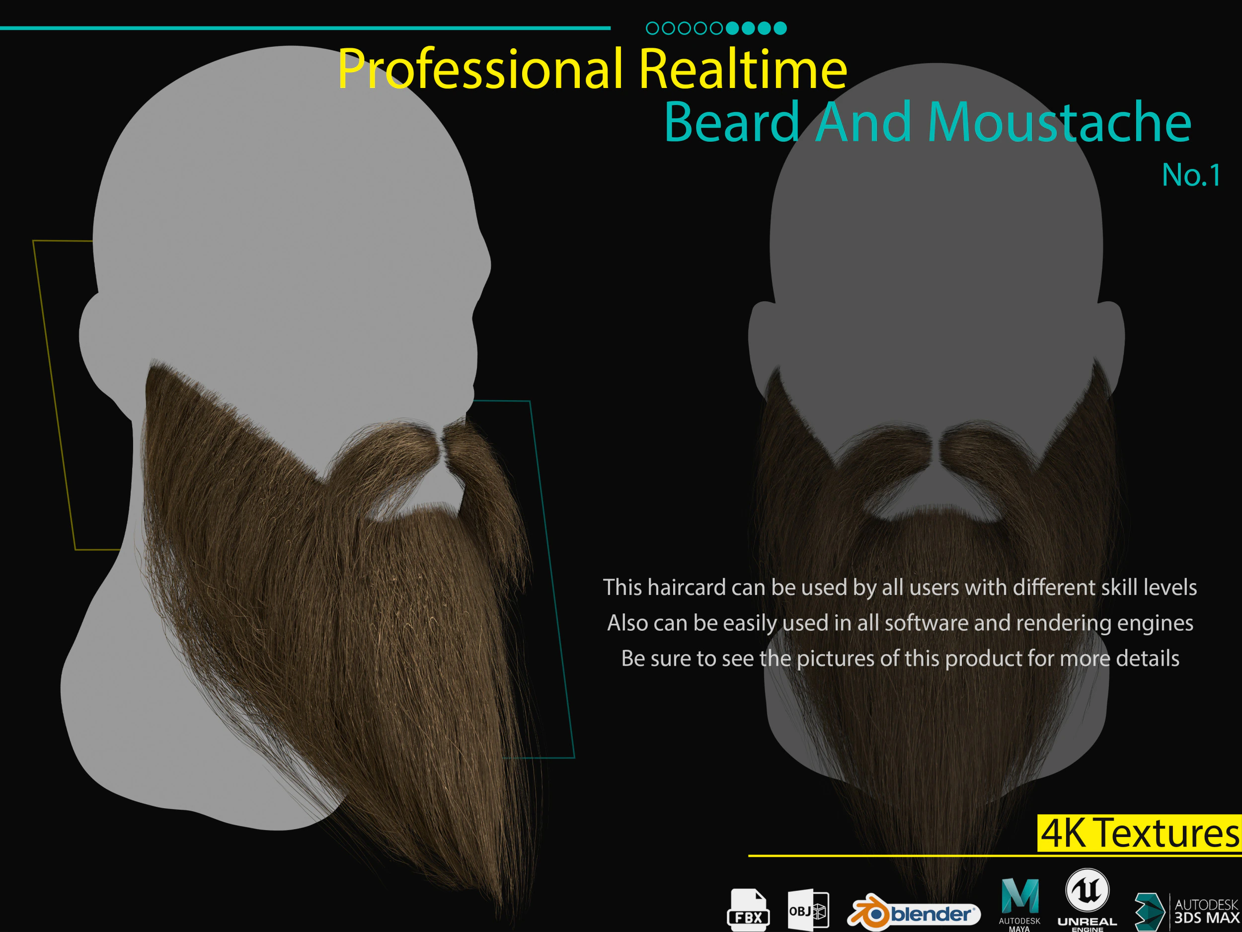 Realtime Beard and Moustache No1 3D Model .c4d .max .obj .3ds .fbx .stl .blend 