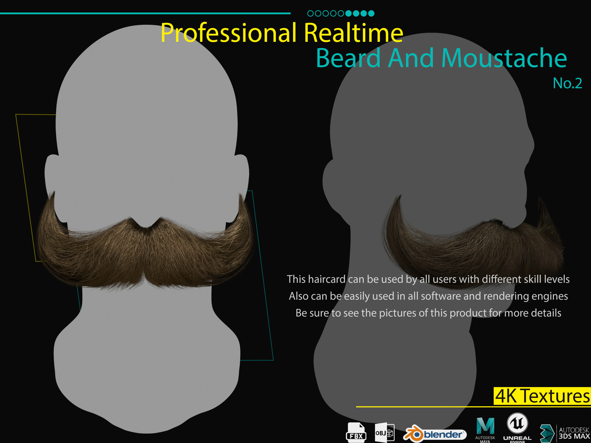 Realtime Beard and Moustache No2 3D Model .c4d .max .obj .3ds .fbx .stl .blend 