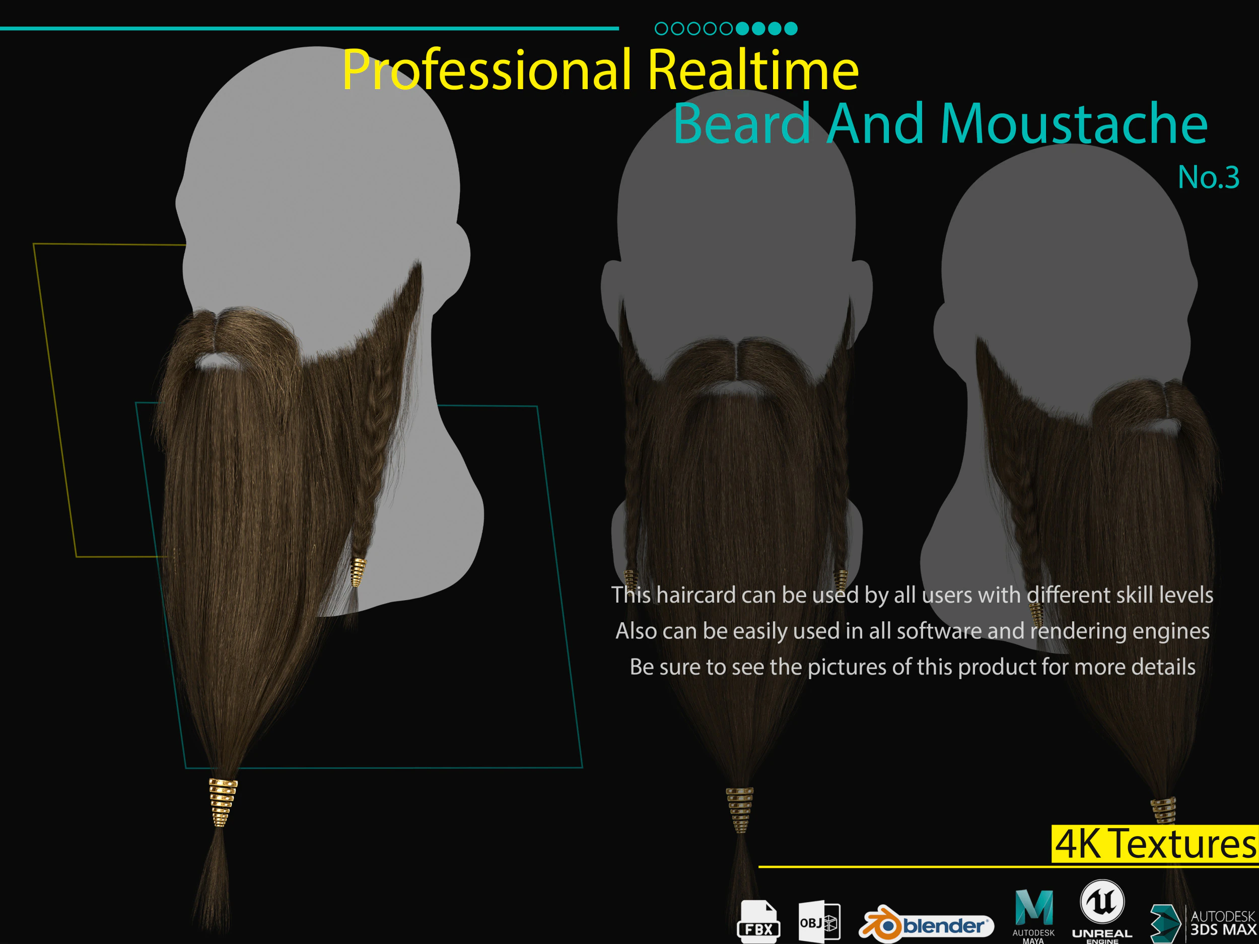 Realtime Beard and Moustache No3 3D Model .c4d .max .obj .3ds .fbx .stl .blend 