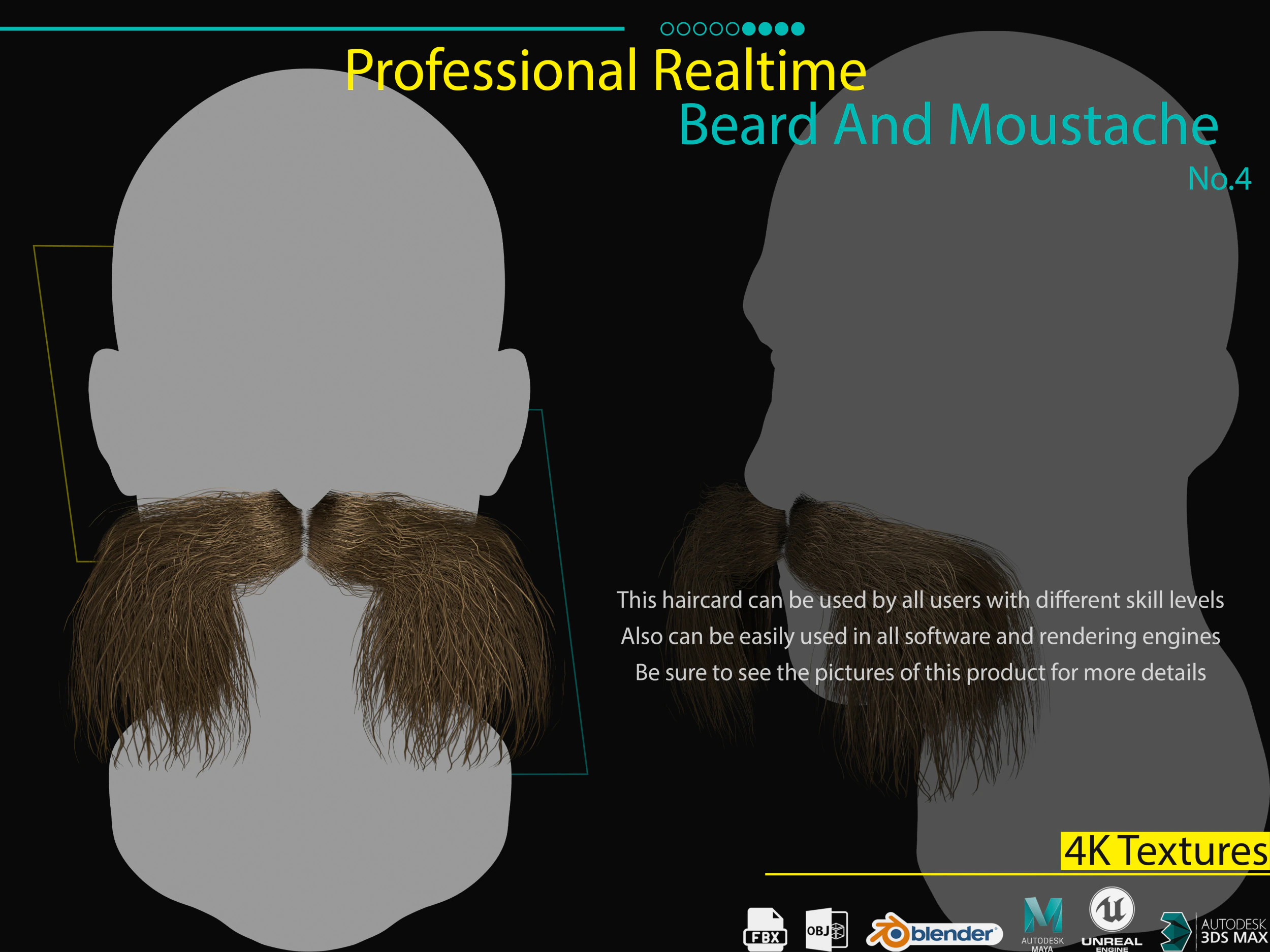 Realtime Beard and Moustache No4 3D Model .c4d .max .obj .3ds .fbx .stl .blend 