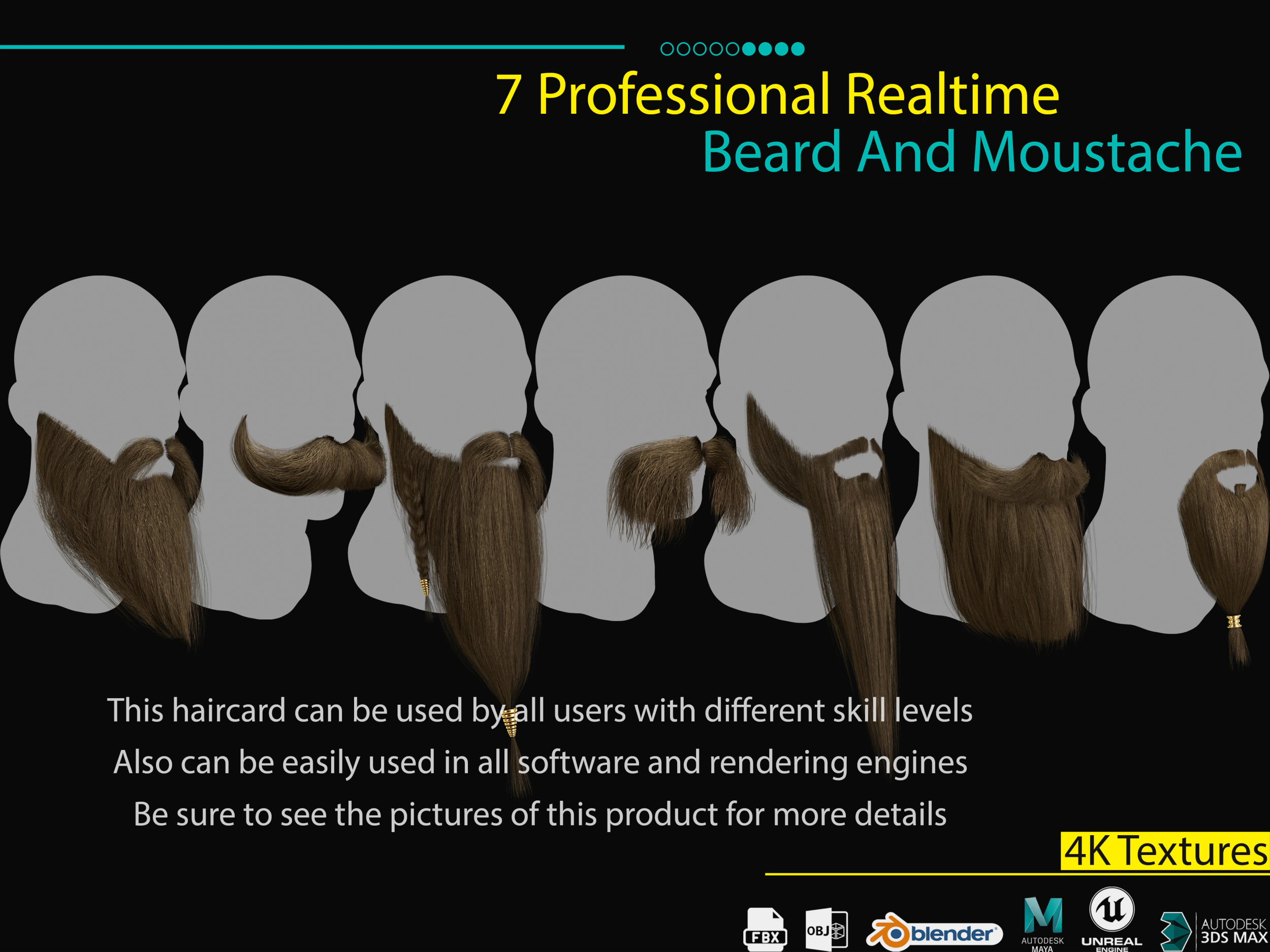 7 Professional Realtime Beard and Moustache 3D Model .c4d .max .obj .3ds .fbx .stl .blend 