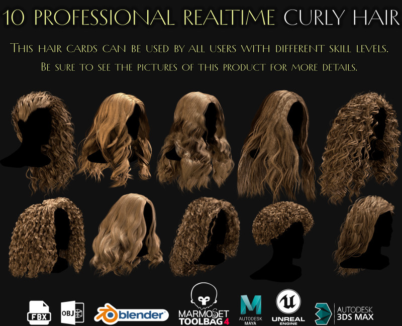 10 Professional Realtime Curly Hair Modelo 3D .c4d .max .obj .3ds .fbx .stl .blend
