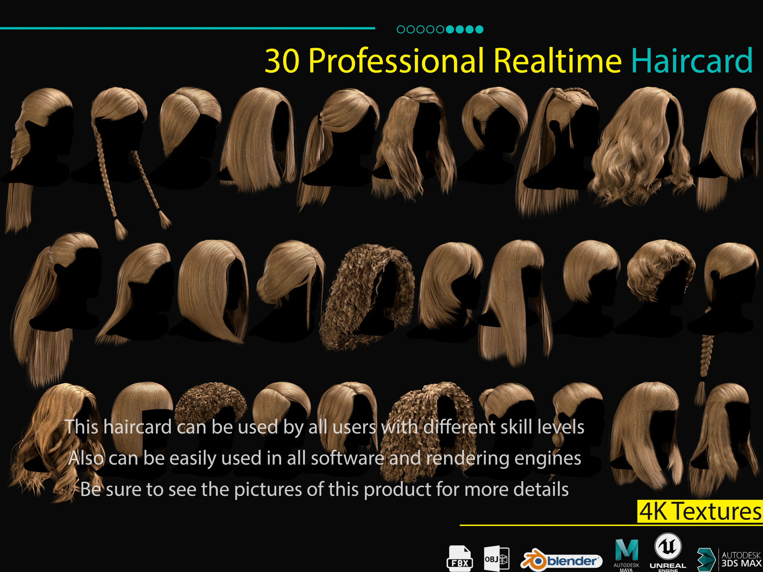 30 Professional Realtime Haircard 3D Model .c4d .max .obj .3ds .fbx .stl .blend 