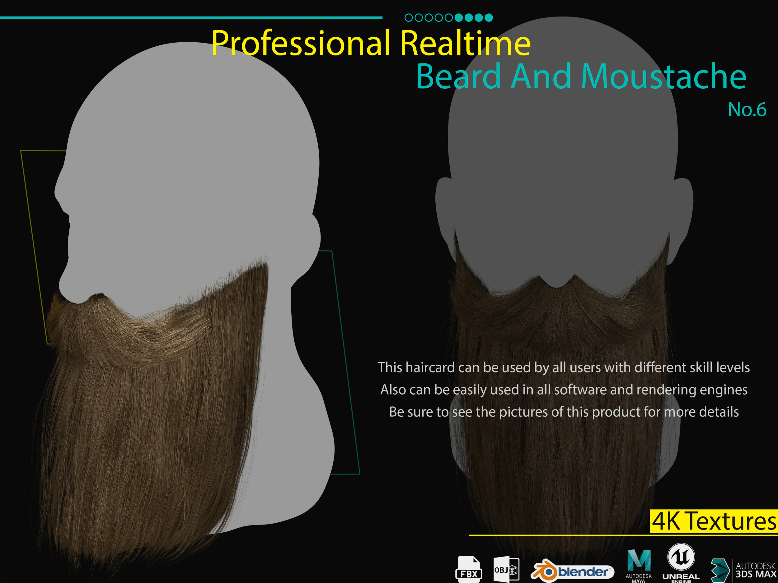 Realtime Beard and Moustache No6 3D Model .c4d .max .obj .3ds .fbx .stl .blend