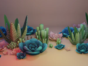 Plantes succulentes stylis&eacute;es peintes &agrave; la main Modèle 3D