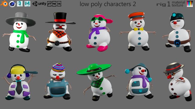 Cartoon characters-2 snowmen 3D Модель .c4d .max .obj .3ds .fbx .stl .blend 