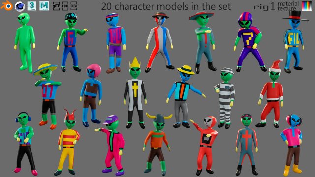 Cartoon characters-3 aliens 3D Модель .c4d .max .obj .3ds .fbx .stl .blend 