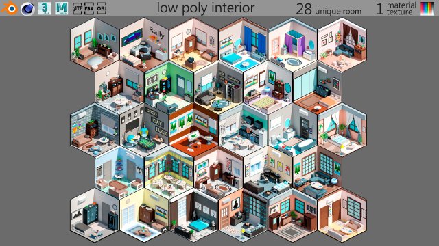 Low poly interior 3 3D 모델 .c4d .max .obj .3ds .fbx .stl .blend 
