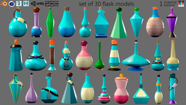 Cartoon flasks 3D Model .c4d .max .obj .3ds .fbx .stl .blend 