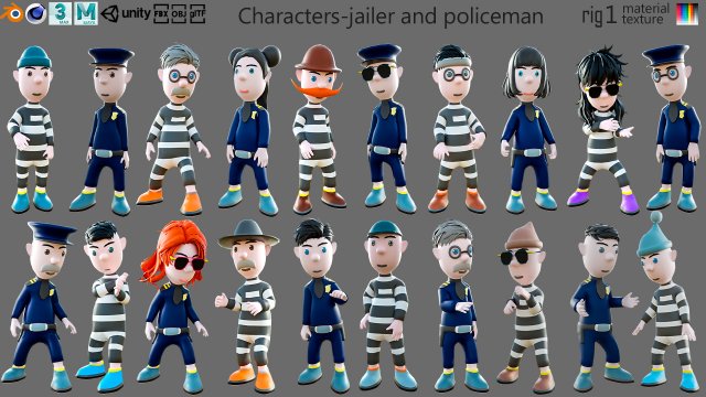 Cartoon characters-jailer and policeman 3D Model .c4d .max .obj .3ds .fbx .stl .blend 