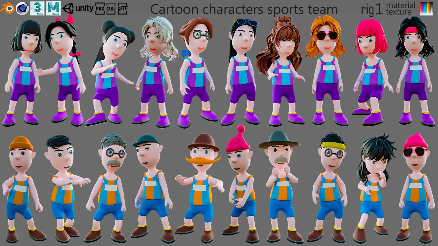 Equipe de esportes de personagens de desenhos animados Modelo 3D .c4d .max .obj .3ds .fbx .stl .blend 