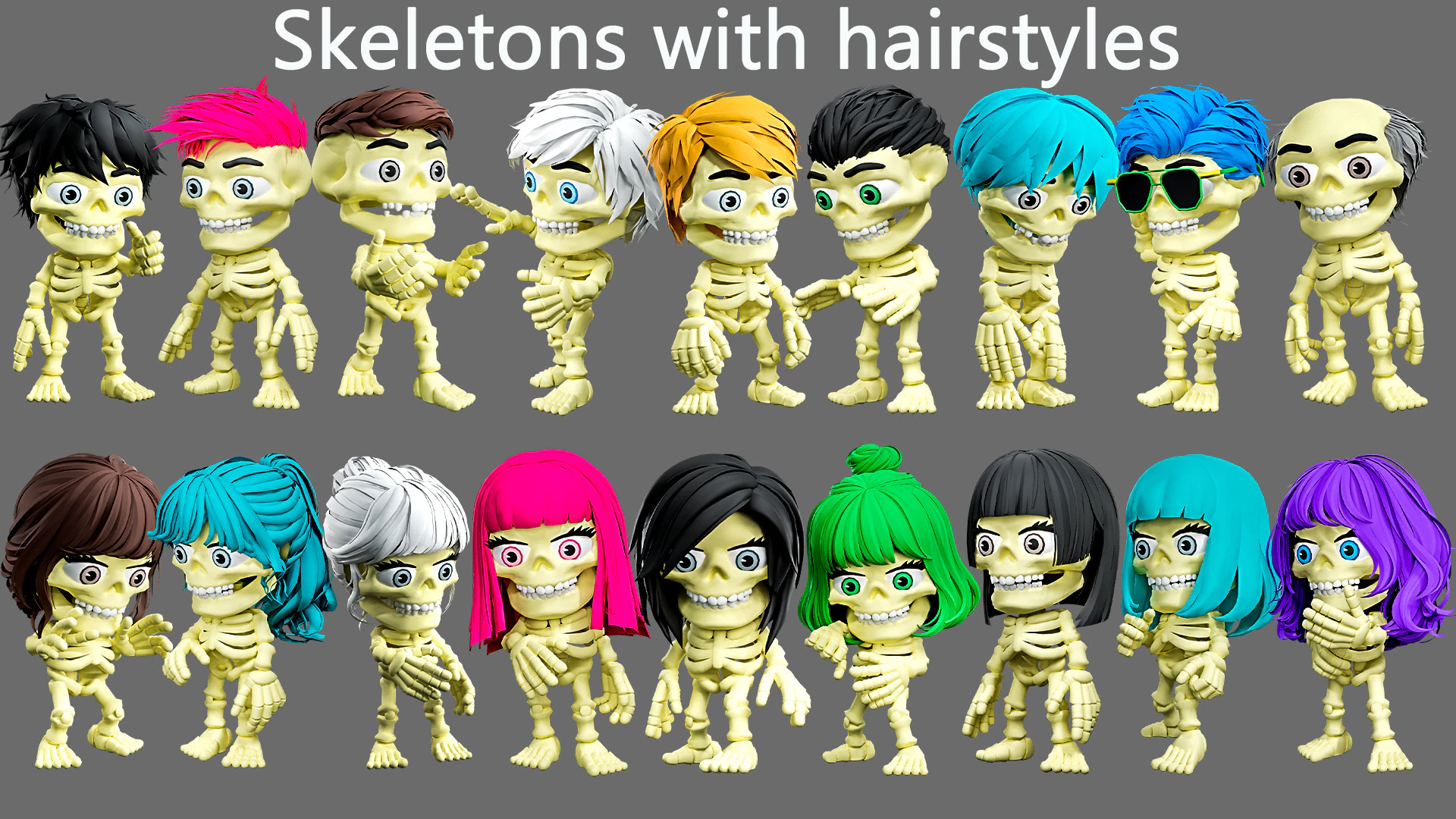 Skeletons with hairstyles 3D Model .c4d .max .obj .3ds .fbx .stl .blend