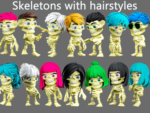Skeletons with hairstyles 3D 模型