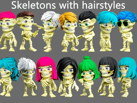Szkielety z fryzurami Model 3D