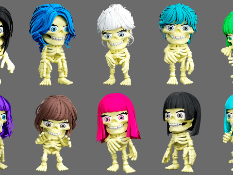 Skeletons with hairstyles 3D Model