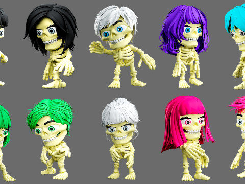 Skeletons with hairstyles 3D Model
