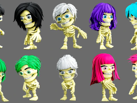 Skeletons with hairstyles 3D Model