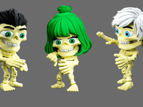 Skeletons with hairstyles 3D Model