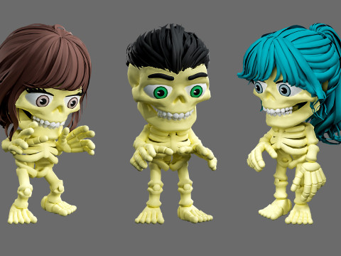 Skeletons with hairstyles 3D Model