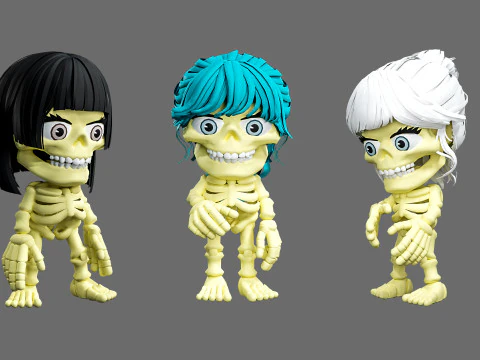 Skeletons with hairstyles 3D Model