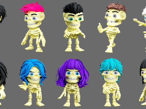 Skeletons with hairstyles 3D Model