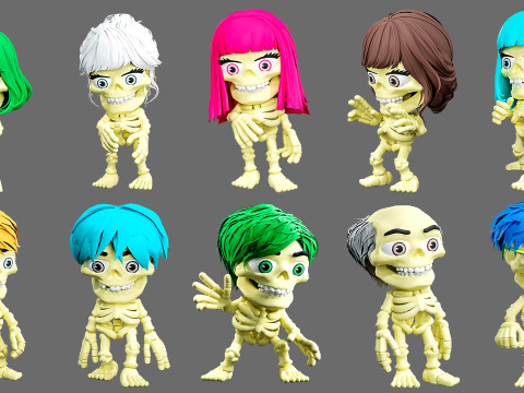 Skeletons with hairstyles 3D Model