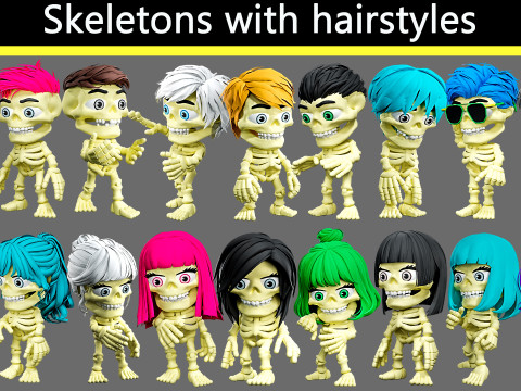 Skeletons with hairstyles 3D Model