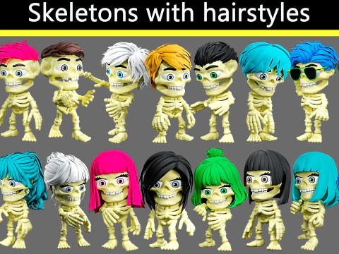 Skeletons with hairstyles 3D Model