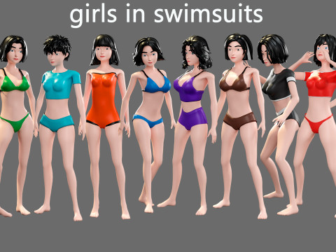 Cartoon characters - girls in swimsuits Model 3D
