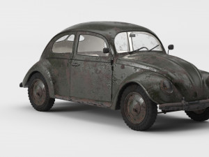 VW Style Beetle Bug Old Rusty WW2 Wrecked Car 3D Model