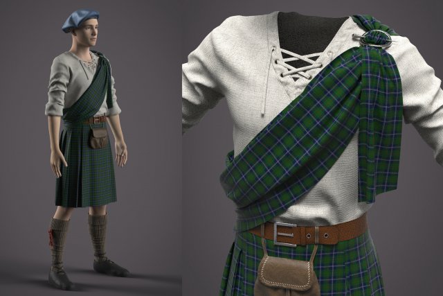 Clothing high-poly Scottish kilt Costume Modello 3D .c4d .max .obj .3ds .fbx .stl .blend 