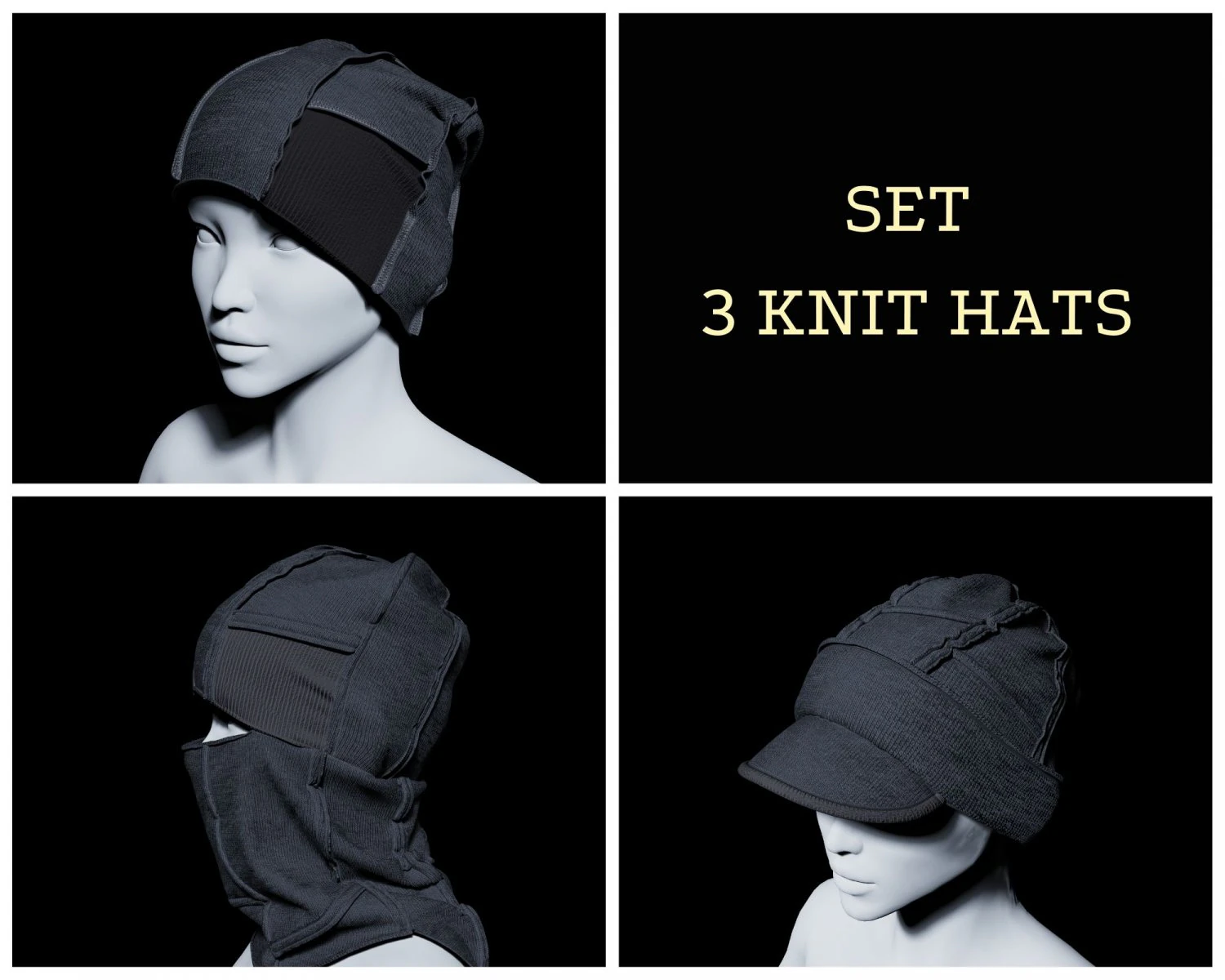 Clothing high-poly Set 3Knit Hat 3D Model .c4d .max .obj .3ds .fbx .stl .blend