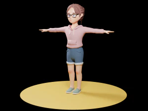 Lowpoly 卡通女孩戴眼镜 3D 模型