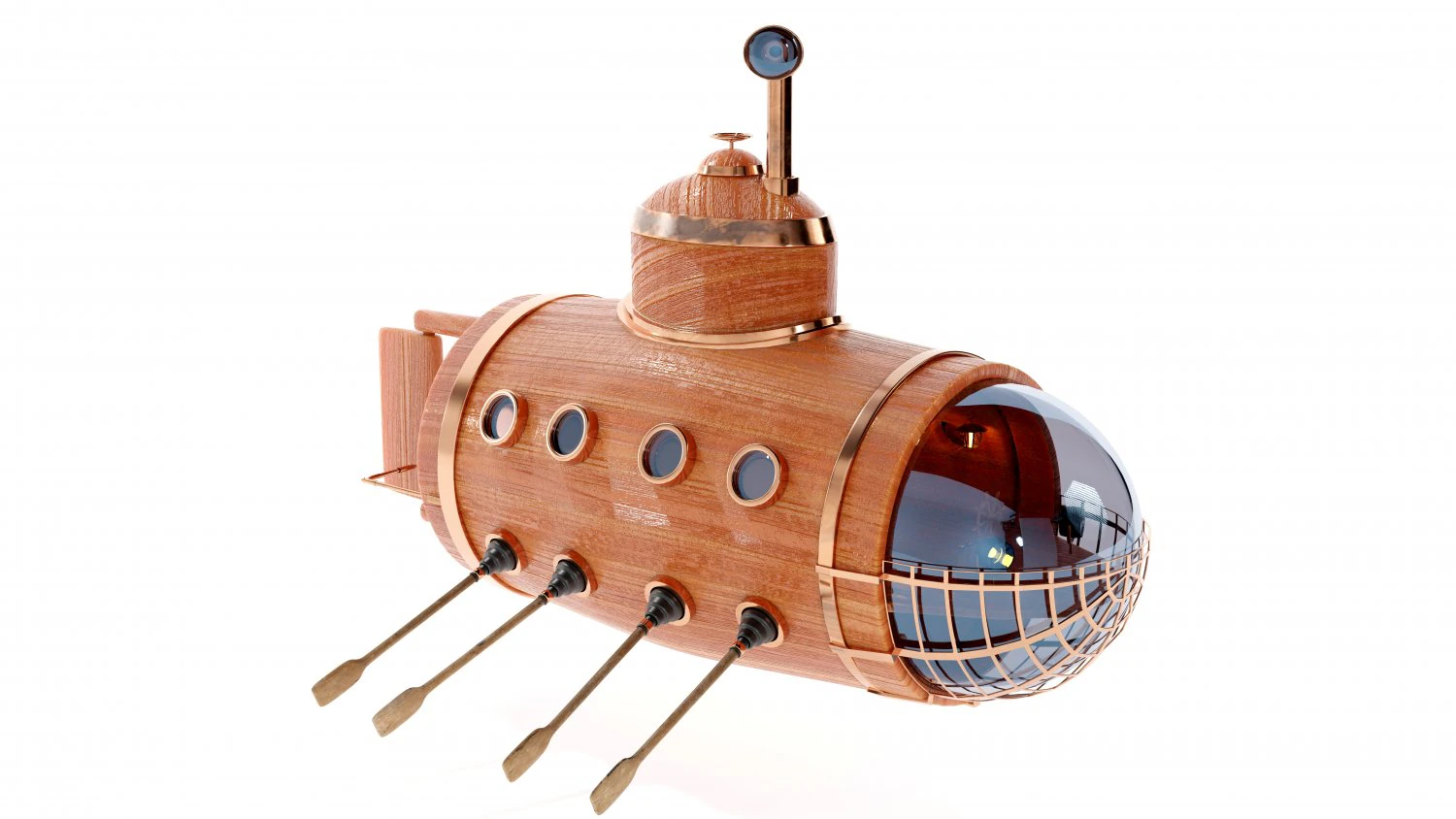 Wooden submarine with oars 3D Model .c4d .max .obj .3ds .fbx .stl .blend