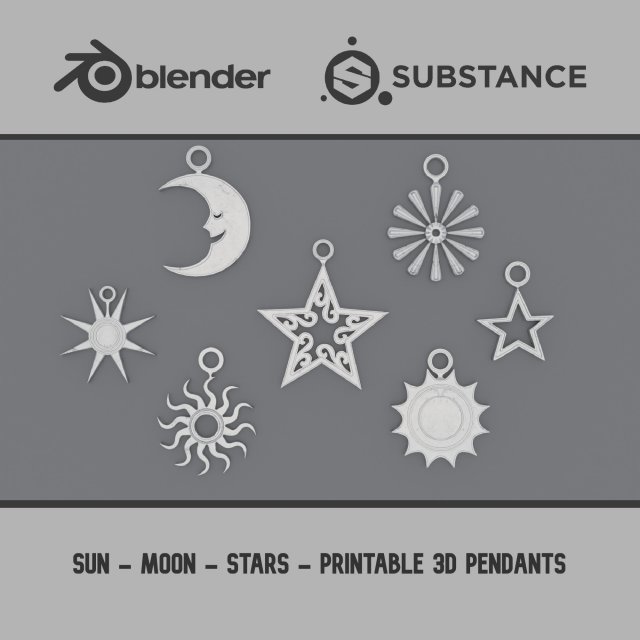 Sun - Moon - Stars - Printable 3D Pendants Modelo de Impressão 3D .c4d .max .obj .3ds .fbx .stl .blend 