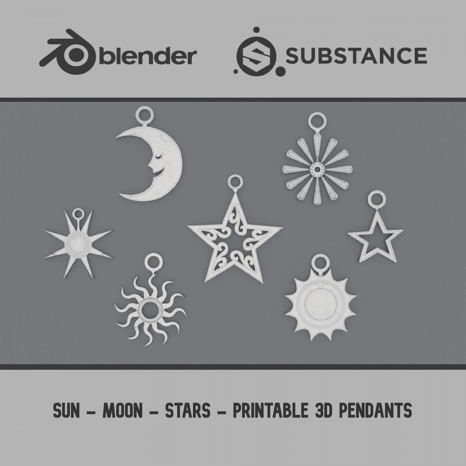 Sun - Moon - Stars - Printable 3D Pendants 3D Print Model .c4d .max .obj .3ds .fbx .stl .blend 