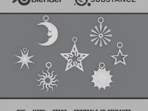 G&uuml;neş - Ay - Yıldızlar - Yazdırılabilir 3D Kolyeler 3D Baskı Modeli