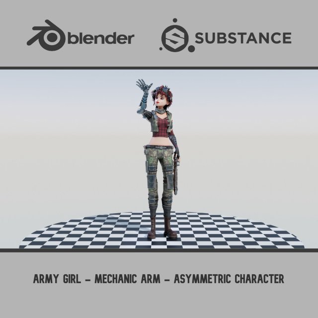 Army Girl - Mechanic Arm - Asymmetric Character 3D Model .c4d .max .obj .3ds .fbx .stl .blend 