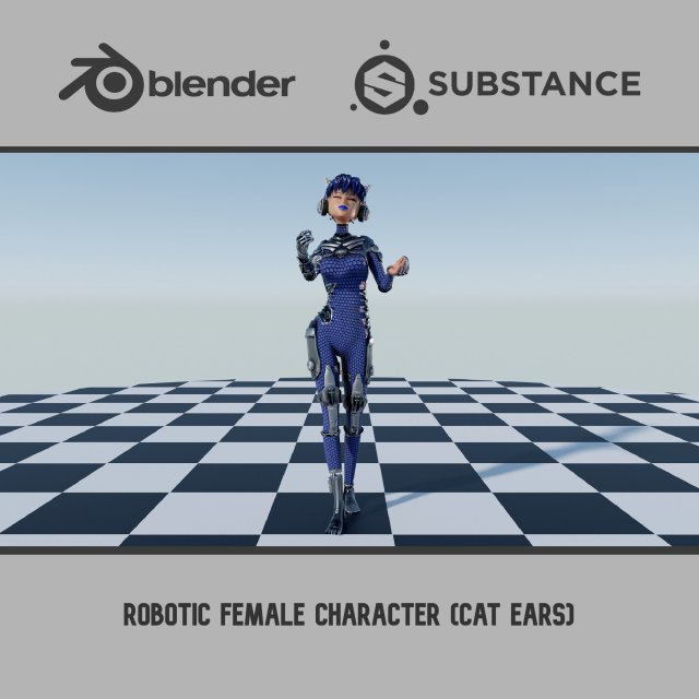 Robotic Female Character Cat ears 3D Модель .c4d .max .obj .3ds .fbx .stl .blend 